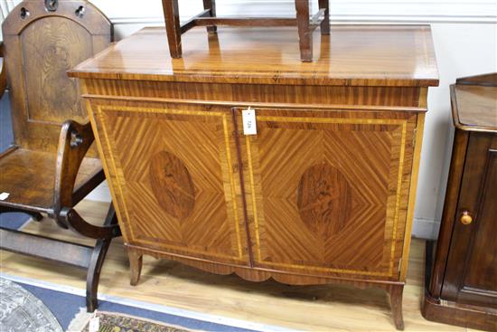 A George III style satinwood and rosewood bowfront side cabinet, W.108cm, D.55cm H.91.5cm